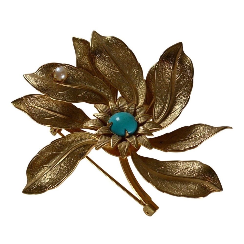 Floral Brooch Gold Tone Turquoise Faux Pearl Textured Leaf Pin Vintage 2.25"